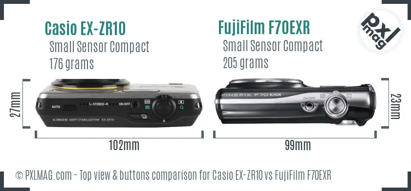 Casio EX-ZR10 vs FujiFilm F70EXR top view buttons comparison Casio EX-ZR10 vs FujiFilm F70EXR top view buttons comparison