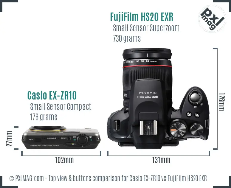Casio EX-ZR10 vs FujiFilm HS20 EXR top view buttons comparison Casio EX-ZR10 vs FujiFilm HS20 EXR top view buttons comparison