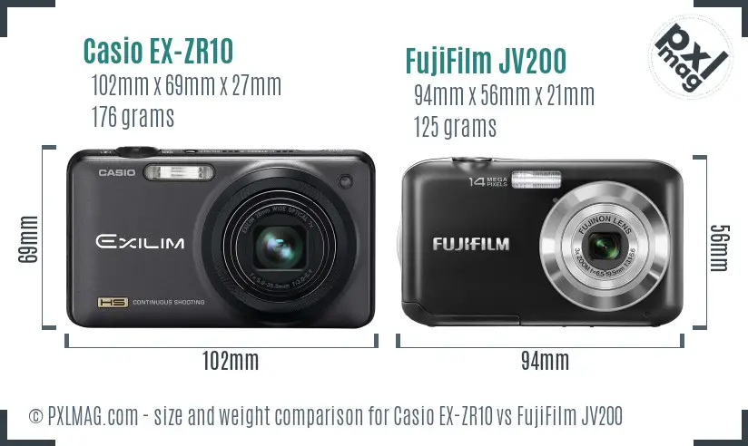 Casio EX-ZR10 vs FujiFilm JV200 size comparison