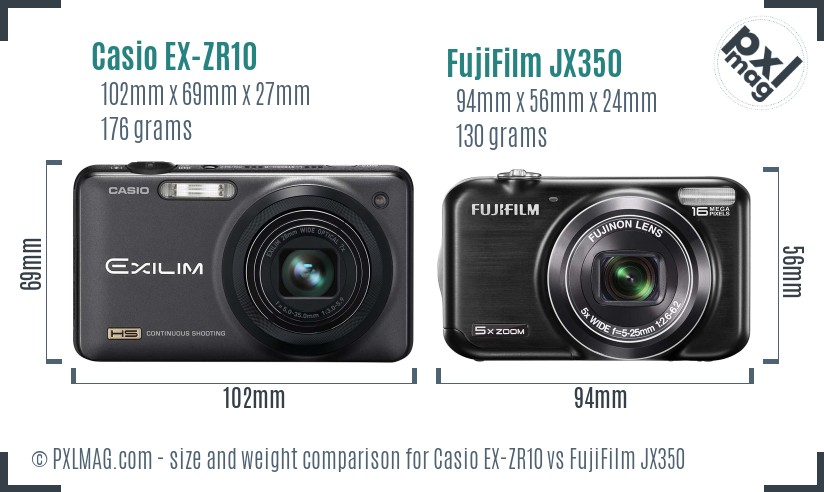 Casio EX-ZR10 vs FujiFilm JX350 size comparison