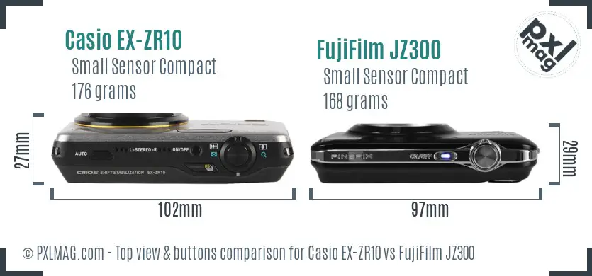 Casio EX-ZR10 vs FujiFilm JZ300 top view buttons comparison Casio EX-ZR10 vs FujiFilm JZ300 top view buttons comparison