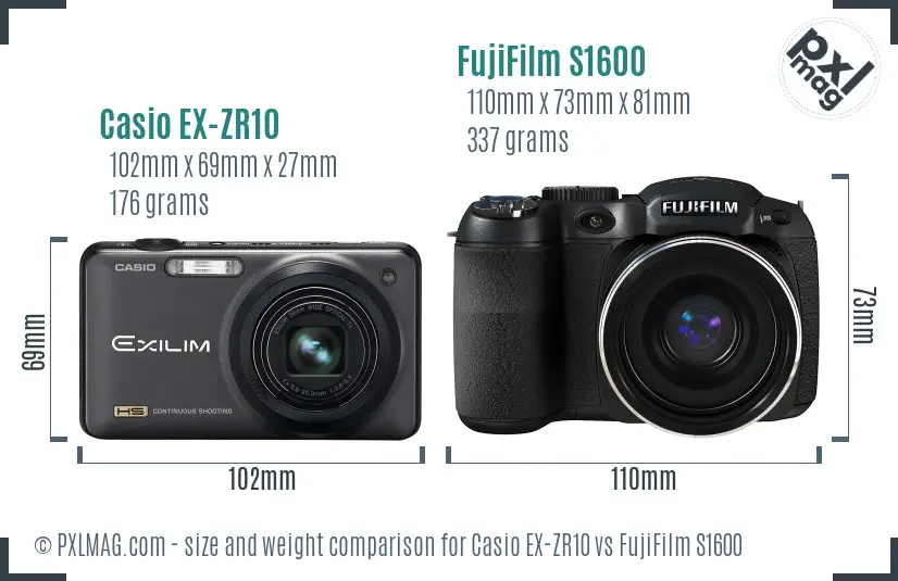 Casio EX-ZR10 vs FujiFilm S1600 size comparison