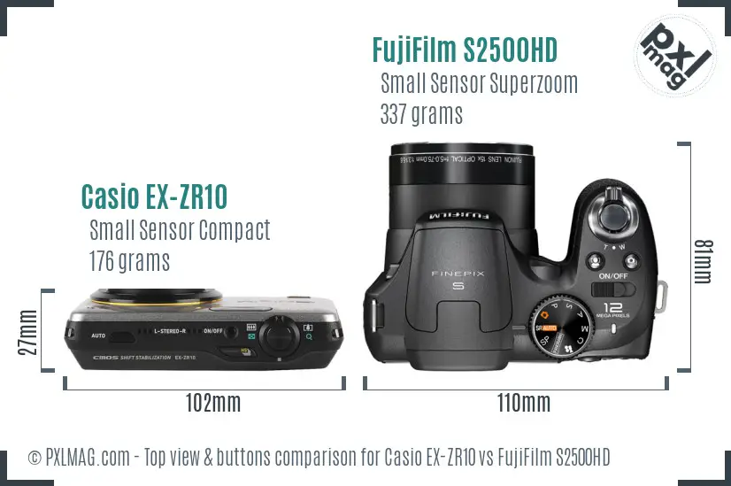 Casio EX-ZR10 vs FujiFilm S2500HD top view buttons comparison