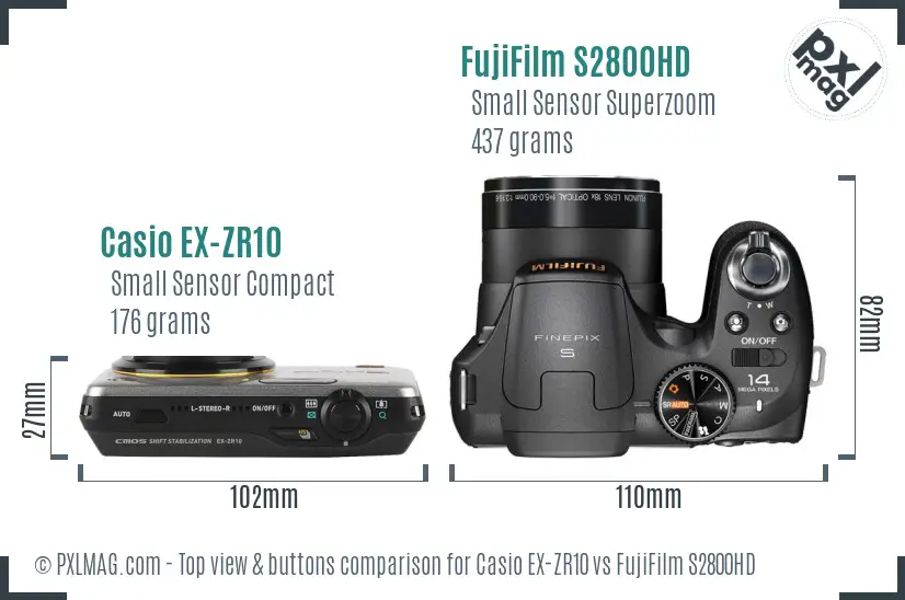 Casio EX-ZR10 vs FujiFilm S2800HD top view buttons comparison Casio EX-ZR10 vs FujiFilm S2800HD top view buttons comparison