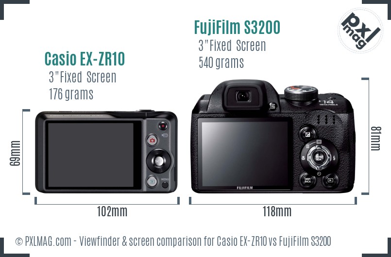 Casio EX-ZR10 vs FujiFilm S3200 Screen and Viewfinder comparison
