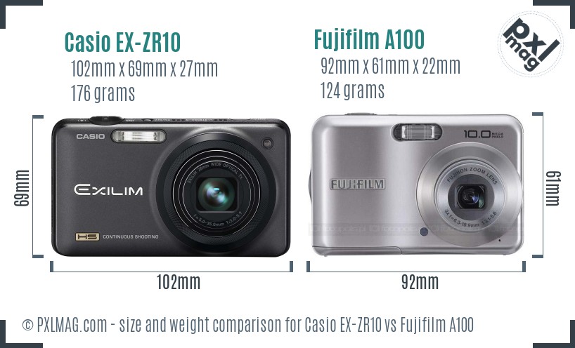 Casio EX-ZR10 vs Fujifilm A100 size comparison