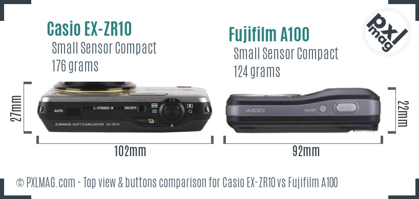 Casio EX-ZR10 vs Fujifilm A100 top view buttons comparison