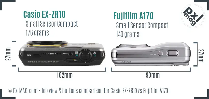 Casio EX-ZR10 vs Fujifilm A170 top view buttons comparison Casio EX-ZR10 vs Fujifilm A170 top view buttons comparison