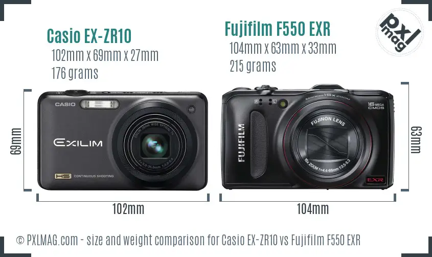 Casio EX-ZR10 vs Fujifilm F550 EXR size comparison