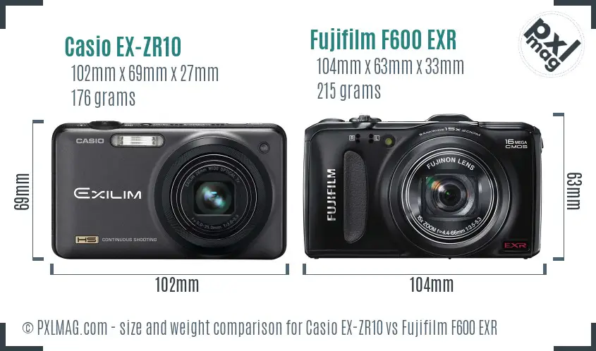 Casio EX-ZR10 vs Fujifilm F600 EXR size comparison
