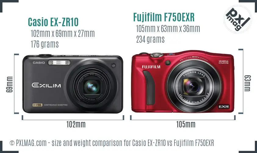 Casio EX-ZR10 vs Fujifilm F750EXR size comparison