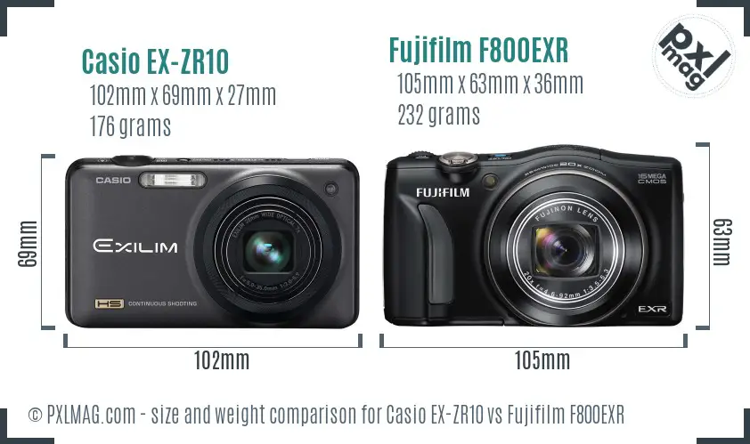 Casio EX-ZR10 vs Fujifilm F800EXR size comparison