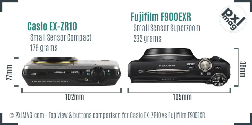 Casio EX-ZR10 vs Fujifilm F900EXR top view buttons comparison Casio EX-ZR10 vs Fujifilm F900EXR top view buttons comparison