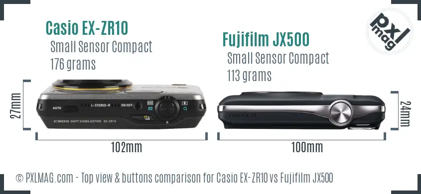 Casio EX-ZR10 vs Fujifilm JX500 top view buttons comparison Casio EX-ZR10 vs Fujifilm JX500 top view buttons comparison