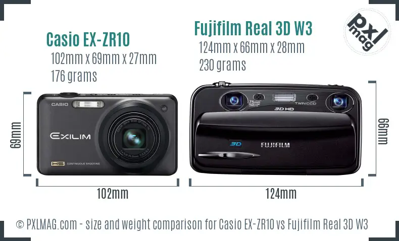 Casio EX-ZR10 vs Fujifilm Real 3D W3 size comparison