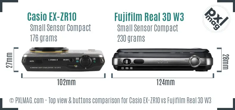 Casio EX-ZR10 vs Fujifilm Real 3D W3 top view buttons comparison