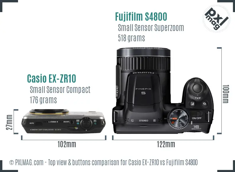 Casio EX-ZR10 vs Fujifilm S4800 top view buttons comparison Casio EX-ZR10 vs Fujifilm S4800 top view buttons comparison