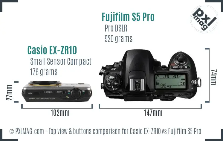 Casio EX-ZR10 vs Fujifilm S5 Pro top view buttons comparison