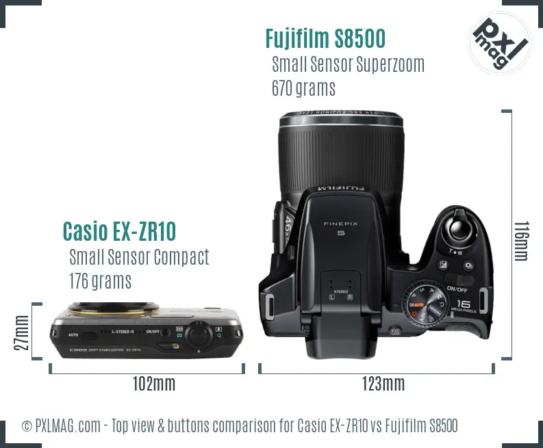 Casio EX-ZR10 vs Fujifilm S8500 top view buttons comparison Casio EX-ZR10 vs Fujifilm S8500 top view buttons comparison