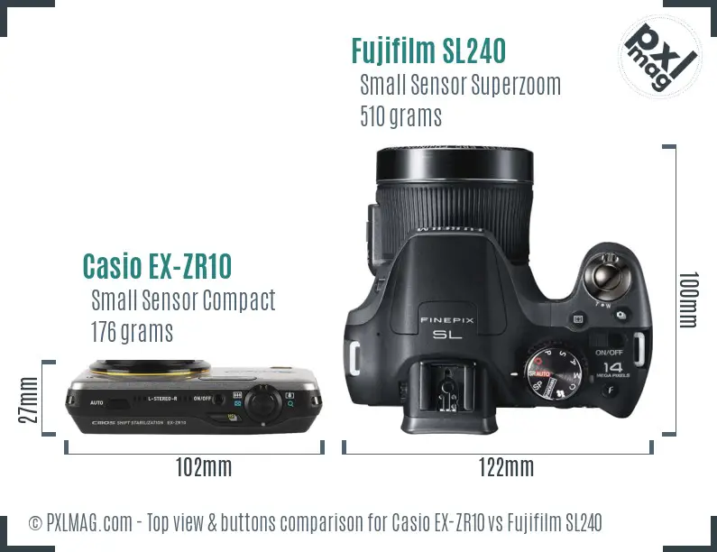 Casio EX-ZR10 vs Fujifilm SL240 top view buttons comparison Casio EX-ZR10 vs Fujifilm SL240 top view buttons comparison