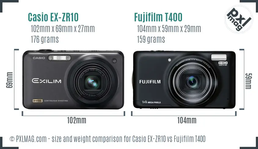 Casio EX-ZR10 vs Fujifilm T400 size comparison