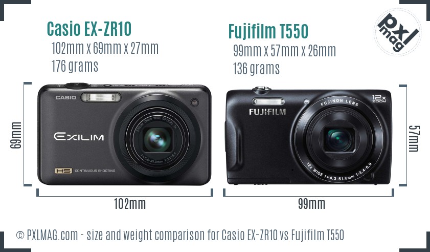 Casio EX-ZR10 vs Fujifilm T550 size comparison