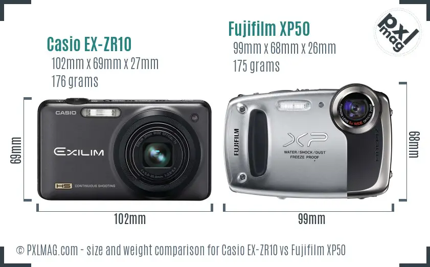 Casio EX-ZR10 vs Fujifilm XP50 size comparison