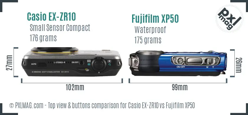 Casio EX-ZR10 vs Fujifilm XP50 top view buttons comparison