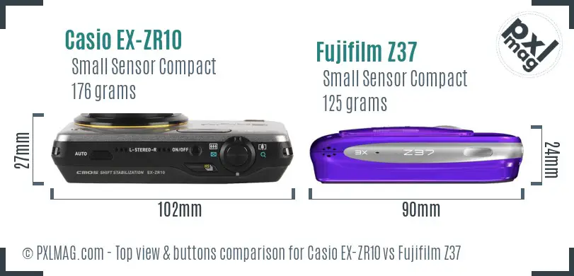 Casio EX-ZR10 vs Fujifilm Z37 top view buttons comparison Casio EX-ZR10 vs Fujifilm Z37 top view buttons comparison