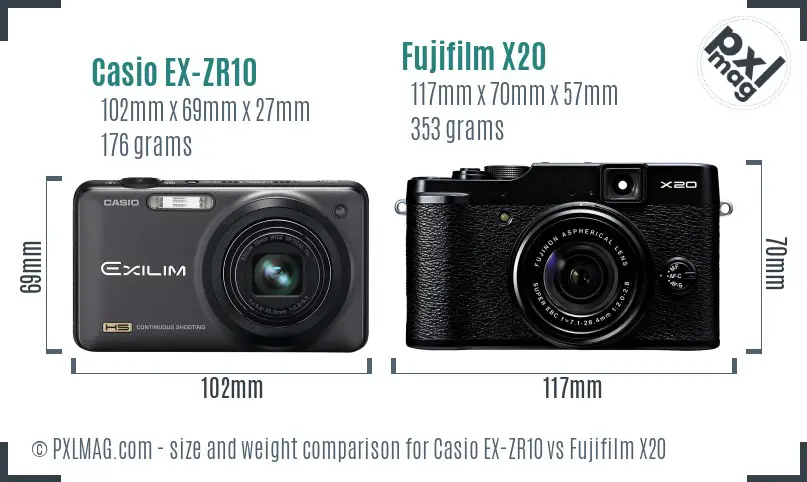 Casio EX-ZR10 vs Fujifilm X20 size comparison