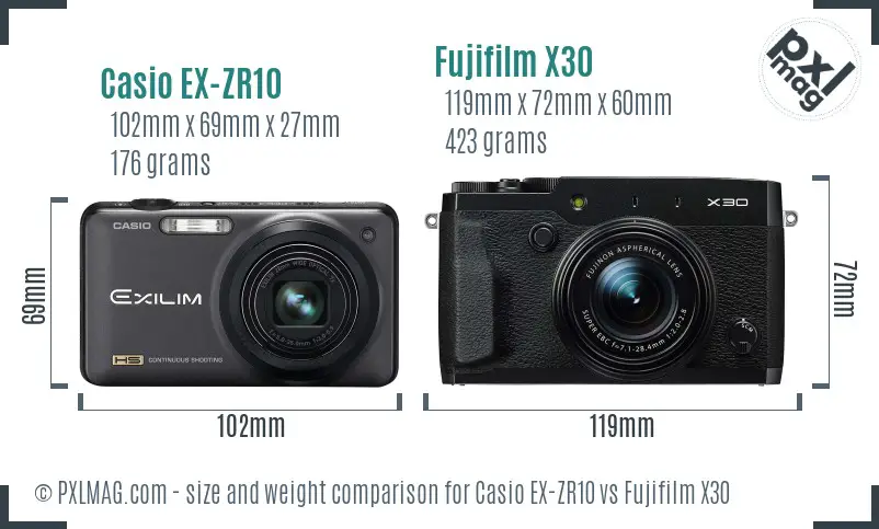 Casio EX-ZR10 vs Fujifilm X30 size comparison