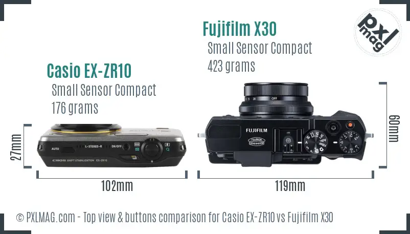 Casio EX-ZR10 vs Fujifilm X30 top view buttons comparison