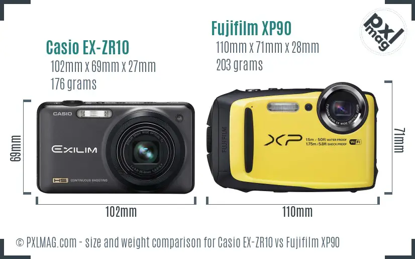 Casio EX-ZR10 vs Fujifilm XP90 size comparison