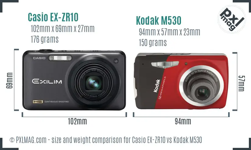 Casio EX-ZR10 vs Kodak M530 size comparison