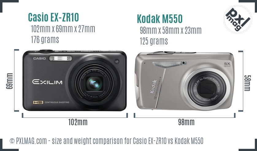 Casio EX-ZR10 vs Kodak M550 size comparison