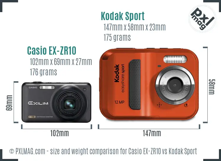 Casio EX-ZR10 vs Kodak Sport size comparison