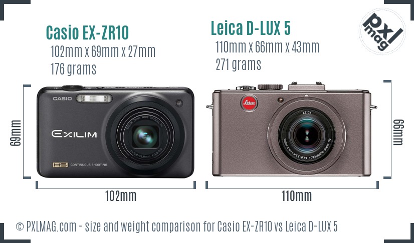 Casio EX-ZR10 vs Leica D-LUX 5 size comparison Casio EX-ZR10 vs Leica D-LUX 5 size comparison