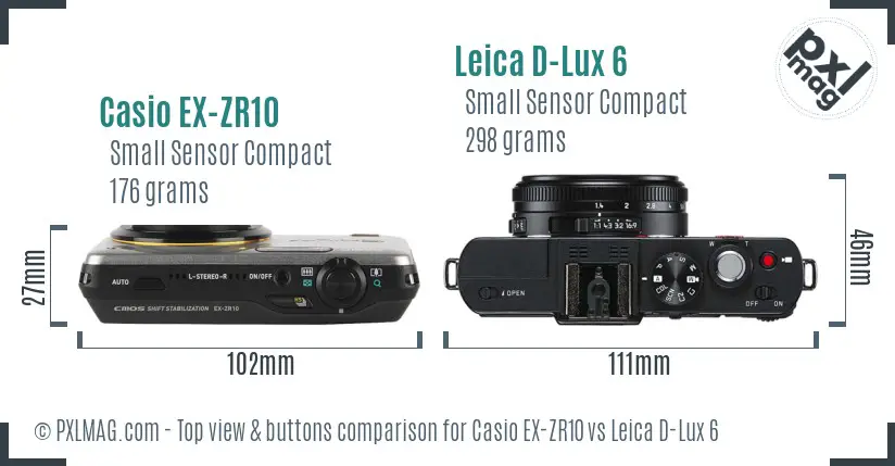 Casio EX-ZR10 vs Leica D-Lux 6 top view buttons comparison Casio EX-ZR10 vs Leica D-Lux 6 top view buttons comparison