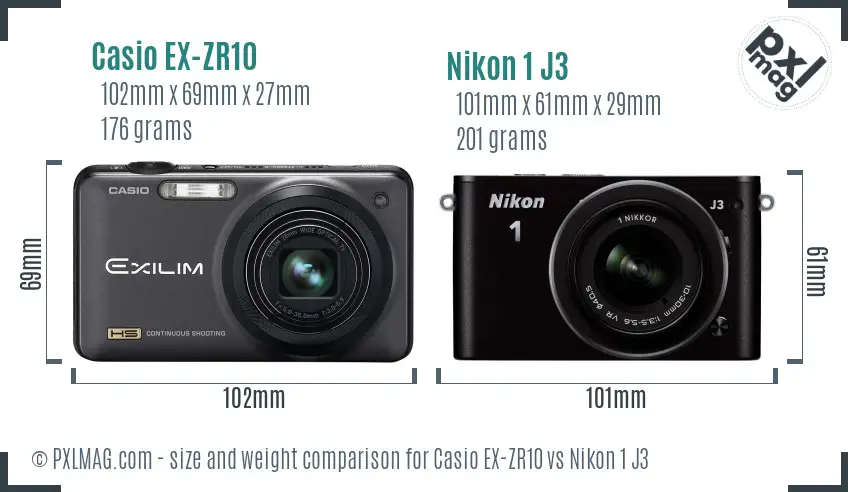 Casio EX-ZR10 vs Nikon 1 J3 size comparison