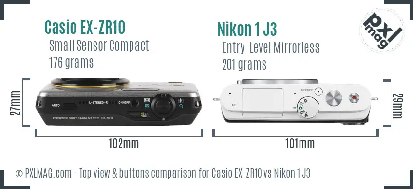 Casio EX-ZR10 vs Nikon 1 J3 top view buttons comparison