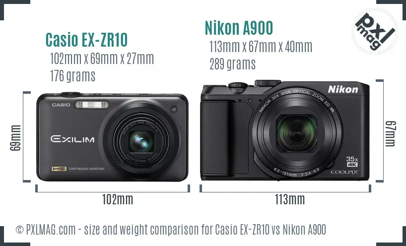 Casio EX-ZR10 vs Nikon A900 size comparison