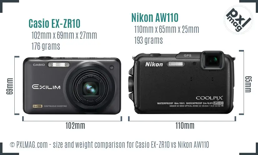 Casio EX-ZR10 vs Nikon AW110 size comparison Casio EX-ZR10 vs Nikon AW110 size comparison