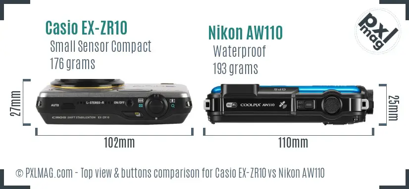 Casio EX-ZR10 vs Nikon AW110 top view buttons comparison Casio EX-ZR10 vs Nikon AW110 top view buttons comparison