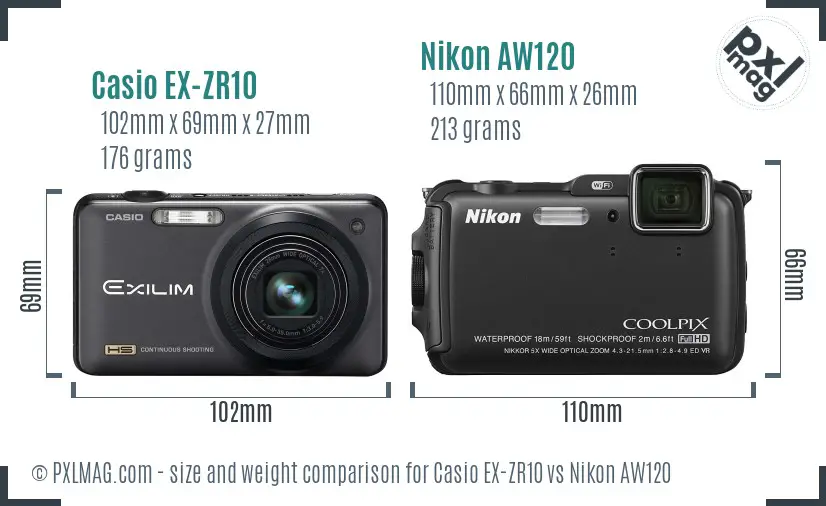 Casio EX-ZR10 vs Nikon AW120 size comparison