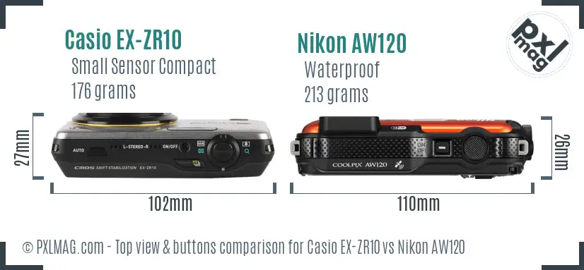 Casio EX-ZR10 vs Nikon AW120 top view buttons comparison