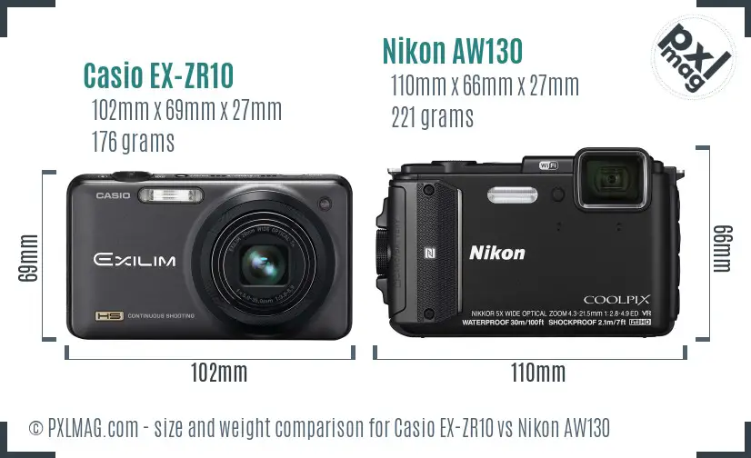 Casio EX-ZR10 vs Nikon AW130 size comparison
