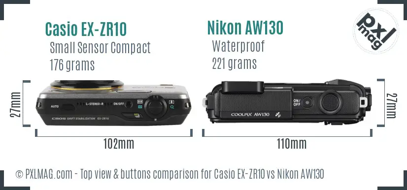 Casio EX-ZR10 vs Nikon AW130 top view buttons comparison