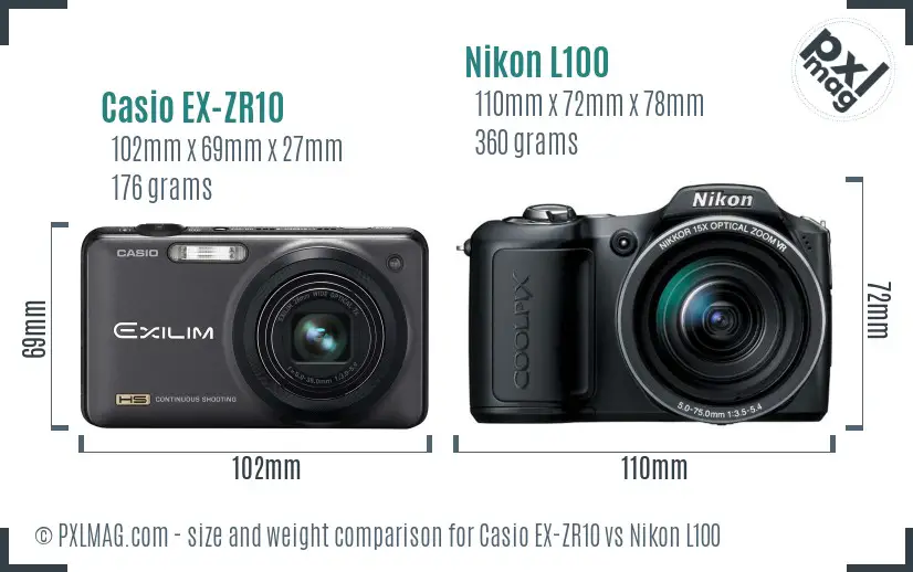 Casio EX-ZR10 vs Nikon L100 size comparison