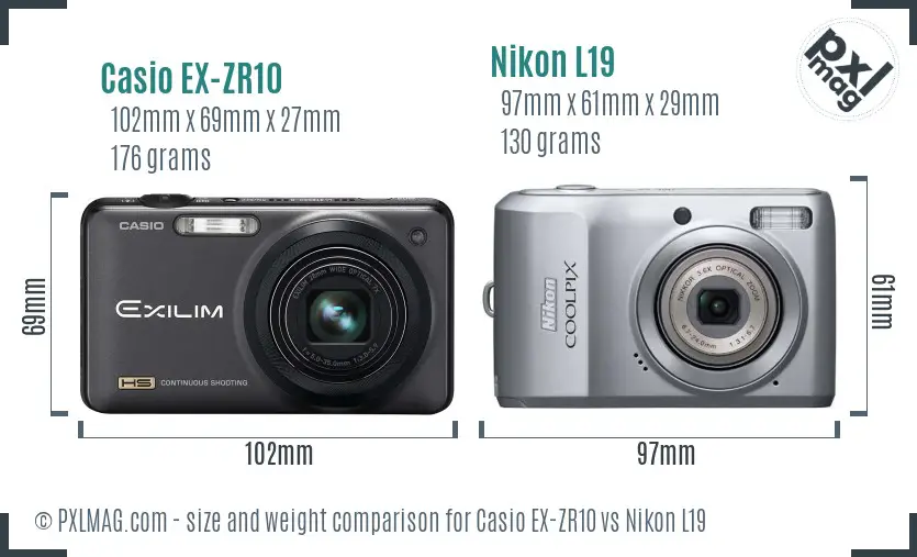 Casio EX-ZR10 vs Nikon L19 size comparison