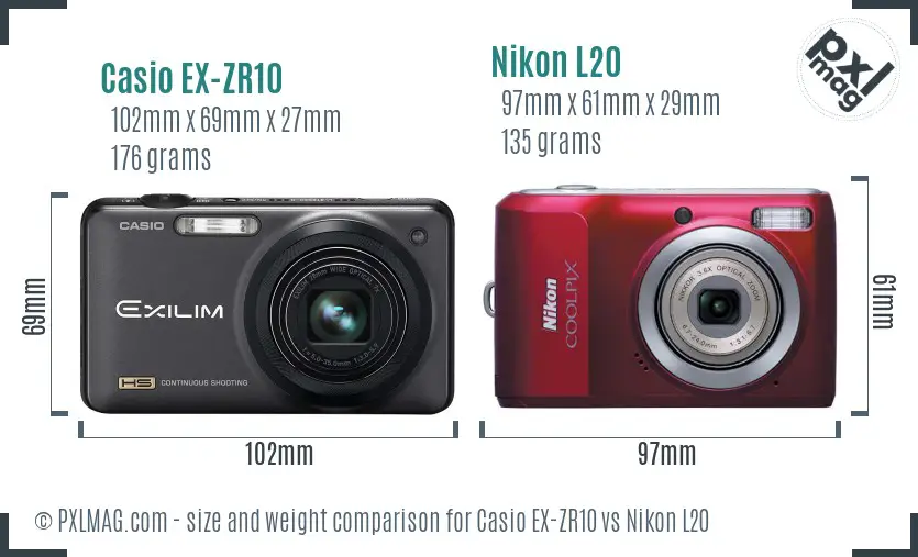 Casio EX-ZR10 vs Nikon L20 size comparison